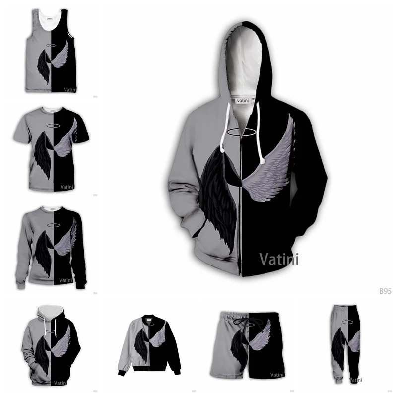 

Модные мужские и женские толстовки с 3D-принтом крыльев Ангела и дьявола, пуловер на молнии в стиле Харадзюку, свитшот, повседневный спортивн...