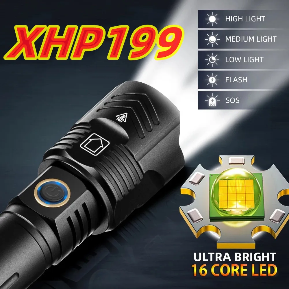 

Powerful Flashlight 16 Core XHP199 linternas Lamp Waterproof IPX6 Zoom Torch 5Modes USB Rechargeable Lamp Use 26650 Batteries