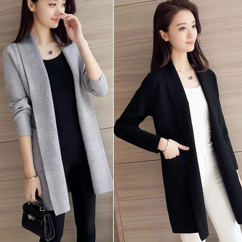 

Solid Color Knit Thick Cardigan Fashion Trend Long Sleeve Women Pockets Coat Loose Casual Female Long Jacket Y