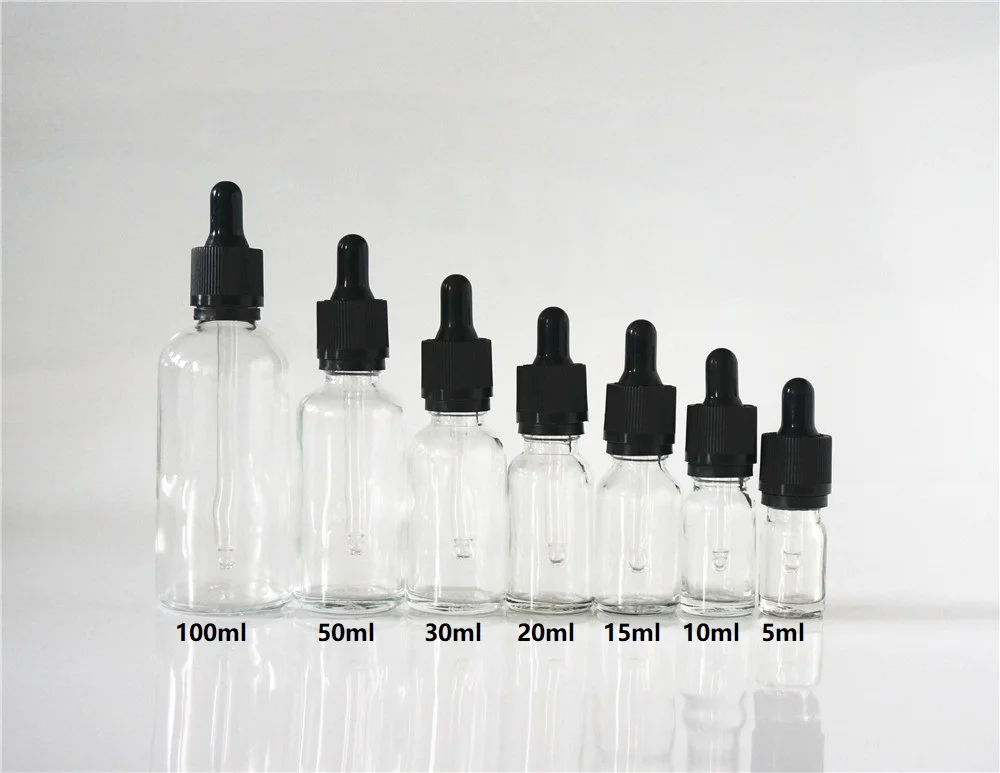 

5/10/15/20/30/50/100ml Clear Reusable Essential Oil Bottle Black Rubber Head Dropper Black Plastic Cap Cosmetic Glass Container