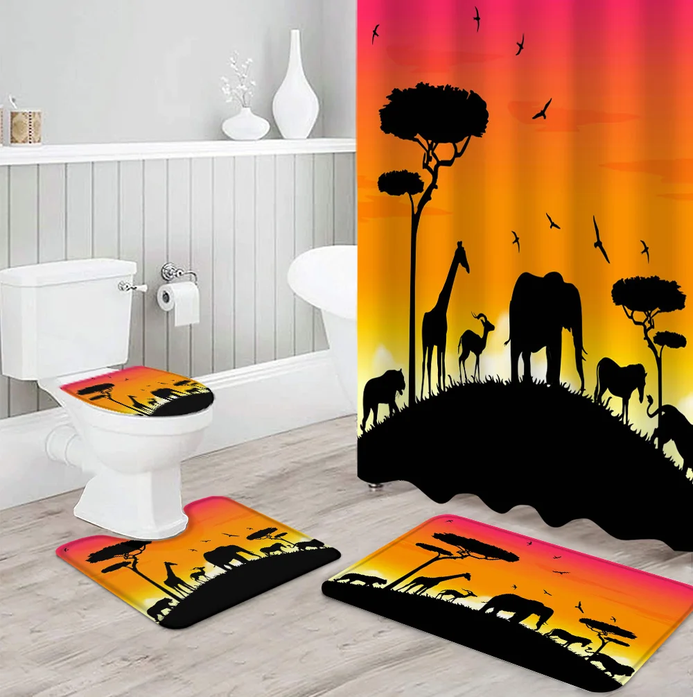 Птица слон жираф деревья закат занавеска для душа сиденье унитаза набор