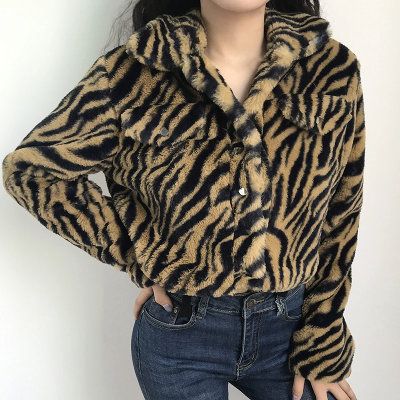 Зимние Модные теплые короткие куртки и для женщин тигровый полосатый принт