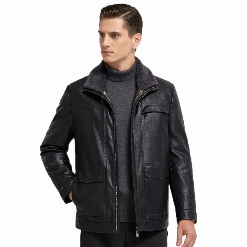 

90% White Duck Down Casual Jackets Men 2021 Men's Leather Jacket Winter Warm Fur Collar Leather jaqueta de couro, Big M-4XL