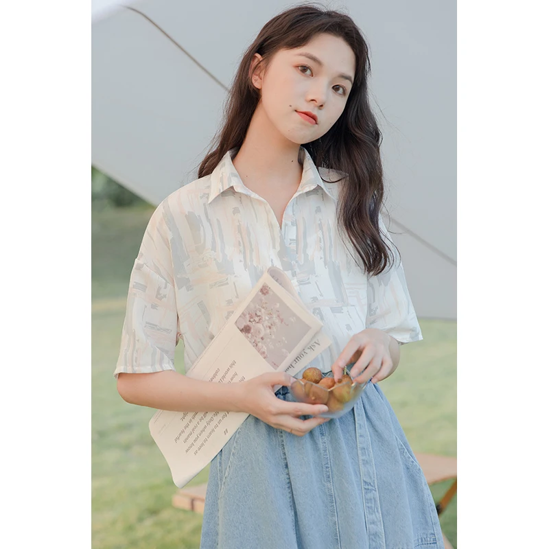 

blue shirt in the summer of 2021 the new han edition loose irregular line decoration suit collar short sleeve blouse
