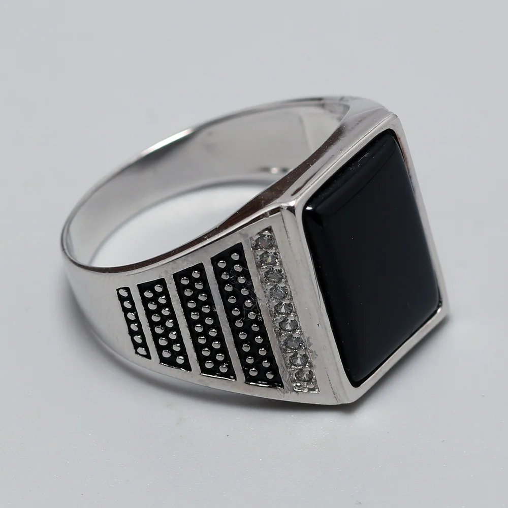 Guaranteed Silver s925 Vintage Mens Rings Natural Black Stone Turkey Ring For Gentlemen Micro Zircon Paved Turkish Jewelry