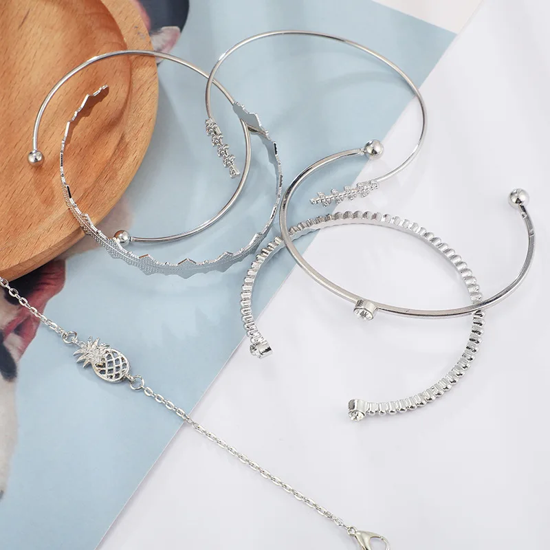 DIEZI 6pcs/set Pineapple Leaves Bracelets &amp Bangles Silver Color Bracelet Sets For Women 2019 New Bohemian Rhinestone Jewelry | Украшения