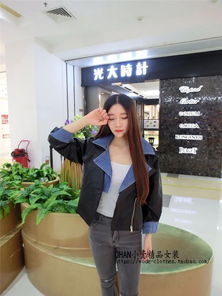

2019 Spring Autumn Denim Stitching Leather Jacket Women Loose Large Size Motorcycle Short Coat New Pu Leather Jackets Streetwear