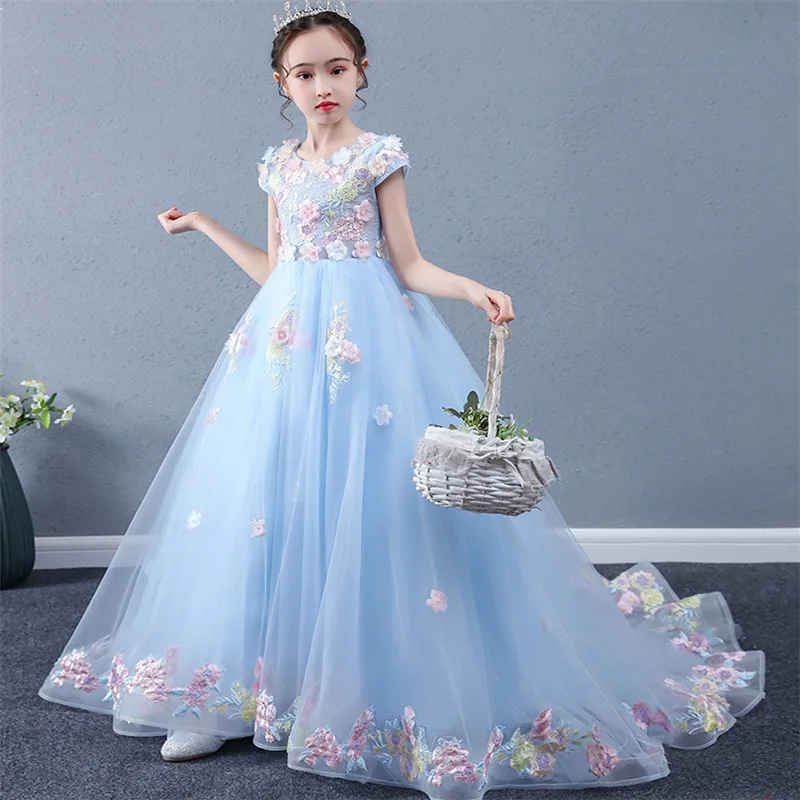 

Роскошное кружевное платье с цветочной вышивкой для маленьких девочек, модель подиума, первая коммуникация, платье принцессы со шлейфом, де...