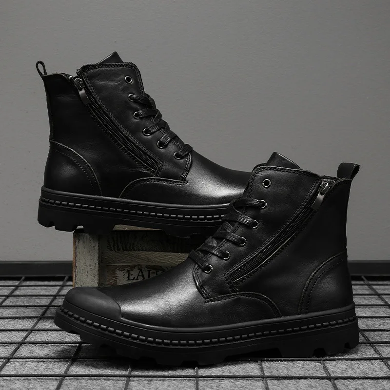 2021 Autumn Winter First Layer Cowhide Martin Boots Zipper Men s High-Top All-Match Tooling Boots Thick-Soled Knight Tide Shoes