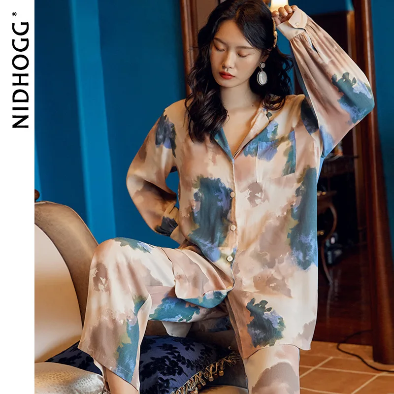 

Women Long Sleeve Pants Loose Pajamas Two Piece Set Dyeing Patterns Printing Sleepwear Viscose Turn-down Collar Sexy Nightwear