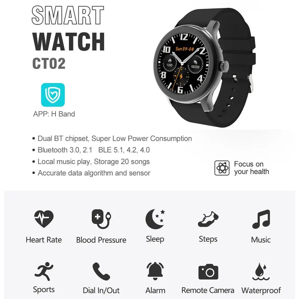 

CT02 Smart Watch Full Touch Screen Sports Fitness Tracker Smart Watch Waterproof Bluetooth Bracelet For Iphone Xiaomi forHuawei