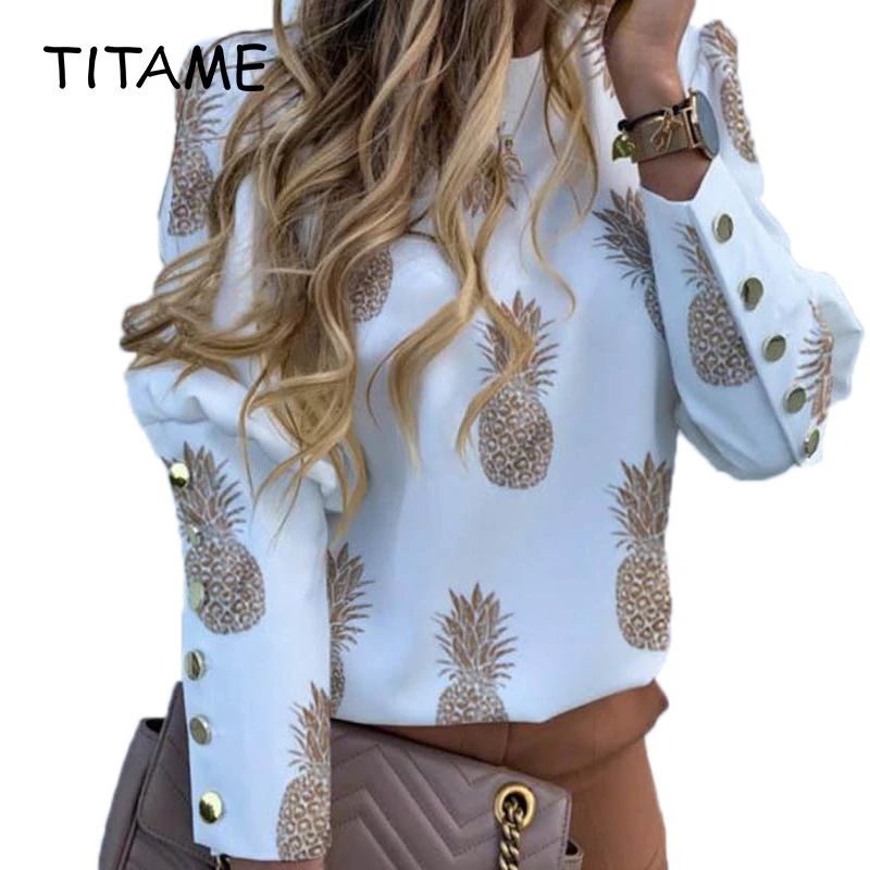 Женская рубашка TITAME блузка с изображением ананасов белая длинным рукавом