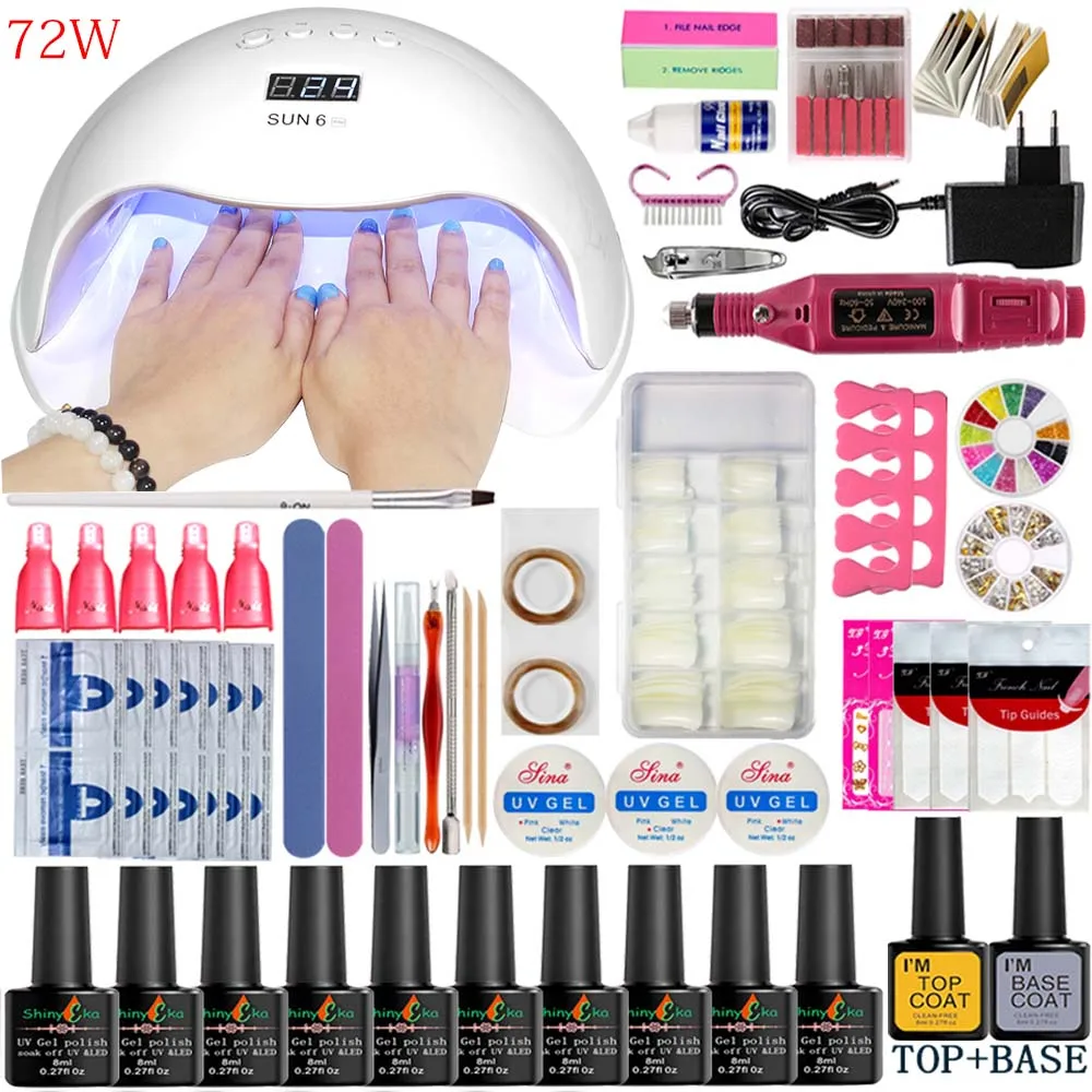 72w set 4 УФ-лампа для ногтей, маникюрный набор на выбор, 10 цветов, Гель-лак, основа, верхнее покрытие, наборы для ногтей, Удлинительный УФ-гель, набор, Электрический маникюрный набор с ручками - Цвет: 72w set 4