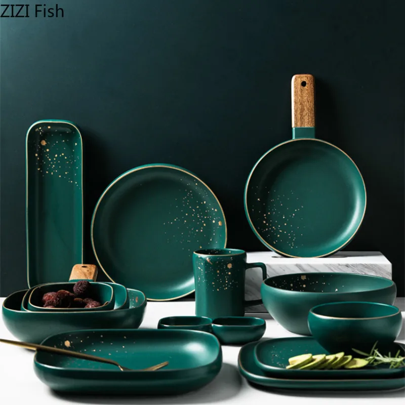 Зеленая керамическая обеденная тарелка из Пномпеня поднос для хранения пасты