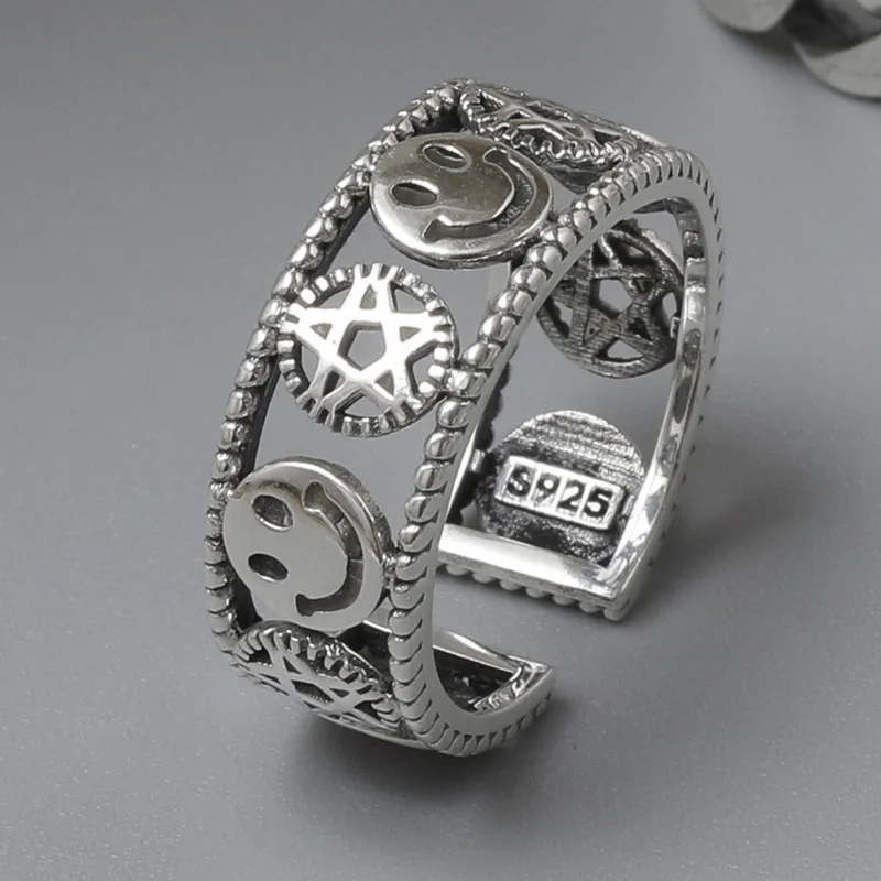 

Vintage Smiley Face Ring Fashionable Ancient Silver design does not fade Women's Punk Hip Hop Opening Adjustable Weaving Ring