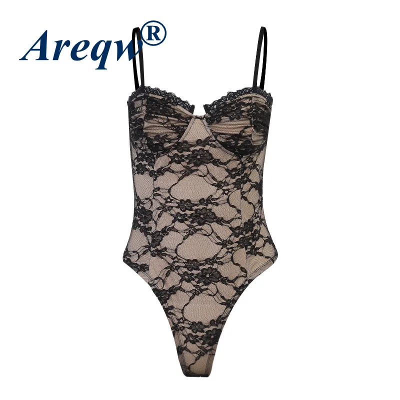 

Lace Chest Strap Bodysuit Women 2021 Sexy Slim Low-cut Perspective Temperament Top