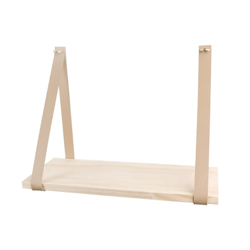 

Wall Wood Floating Frame Storage Holder Hanging Shelf Leather Strap Swing Decor