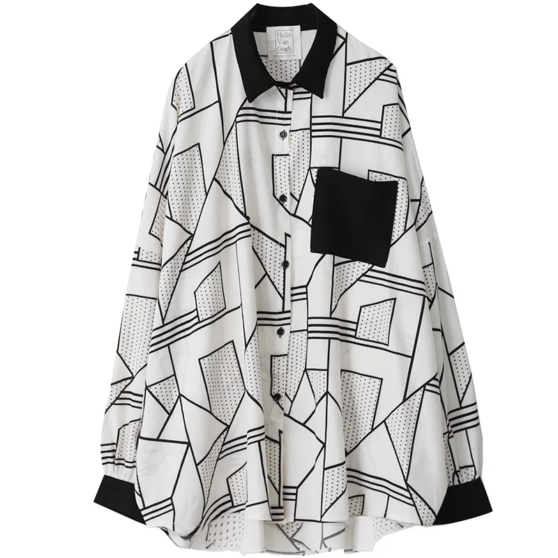 

IEQJ Vintage Panelled Black Line Pattern Women Blouse New Lapel Long Sleeve Patchwork Pocket Polka Dot Shirt Fashion 2021 8P539