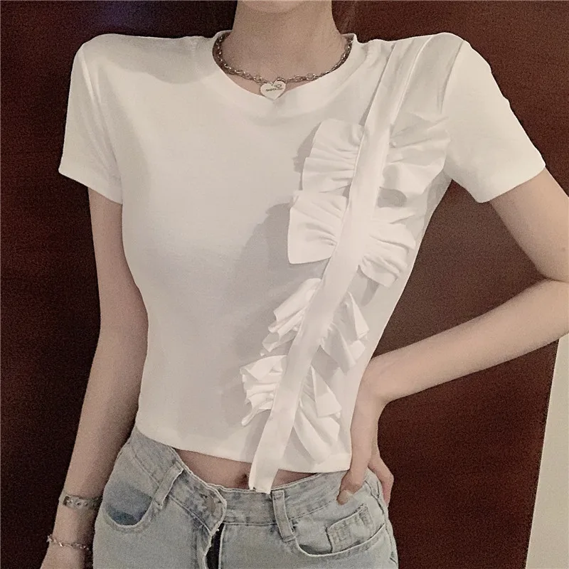 

2021summer New Hong Kong Style Niche Design Bow Patchwork Short-Sleeved T-shirt Women's Short Top Ins Fashion