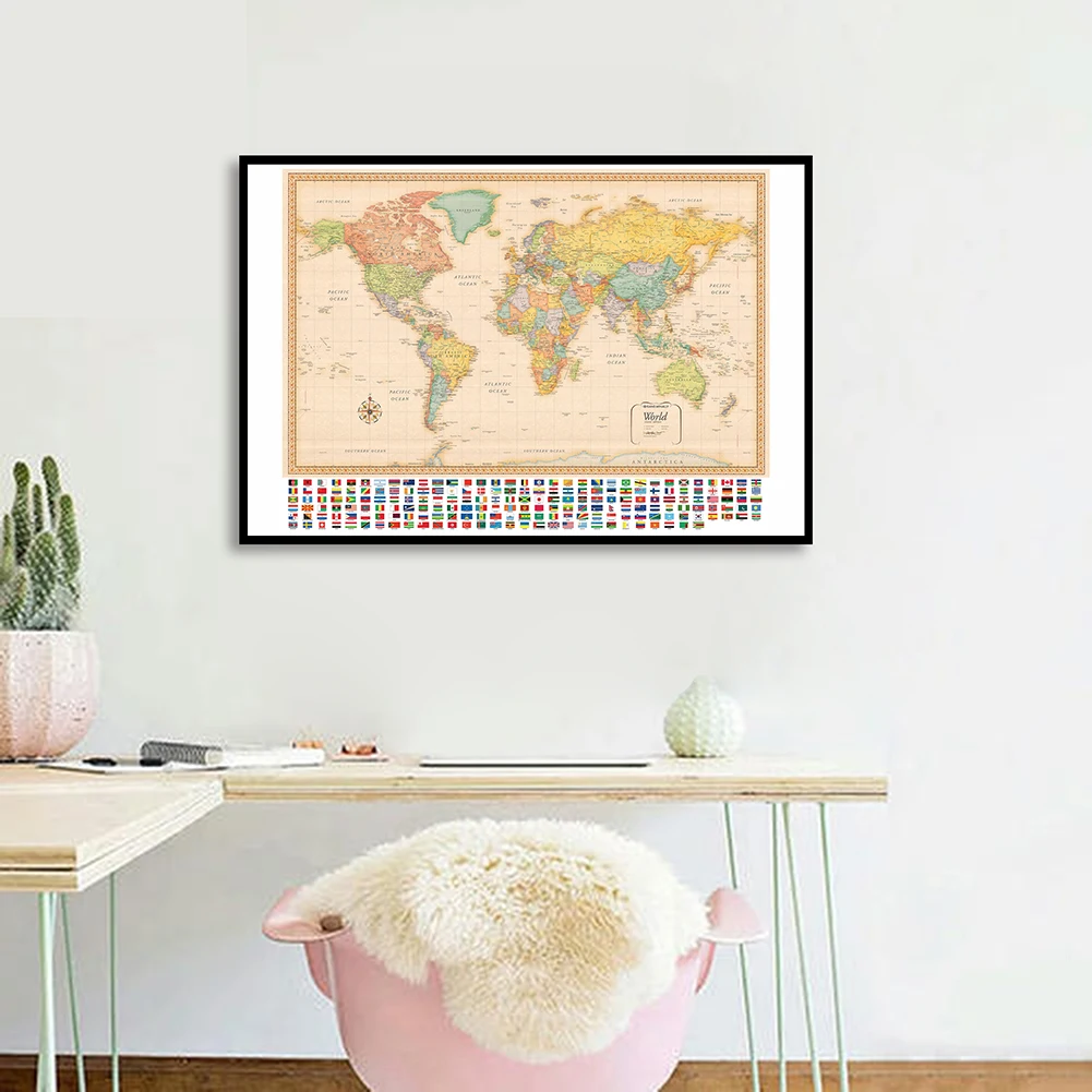 90*60 см карта мира с национальными флагами ретро холст живопись плакаты и принты