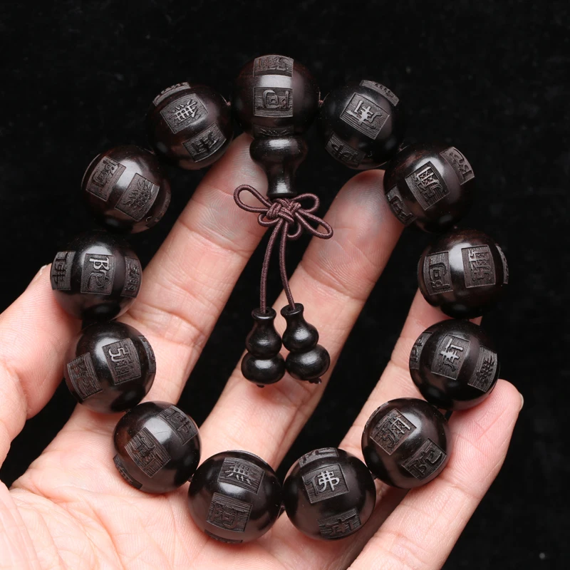 

Natural ebony beaded Tibetan Buddhist bracelet men 18 mm 20 mm Buddhist mantra