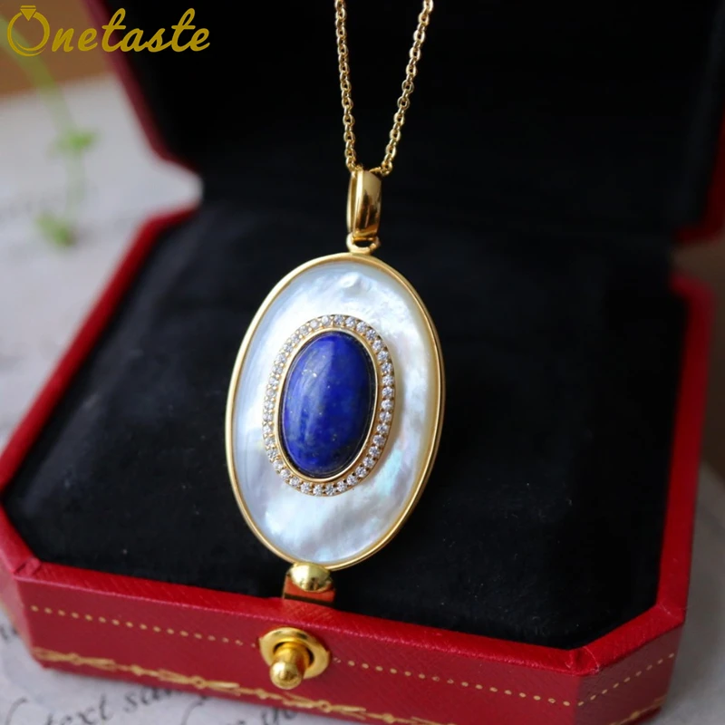 

925 Sterling Silver White Shell Gemstone Oval Jewelry Sets Necklace Earrings Women Chalcedony Lapis Lazuli Classic Trendy Gift