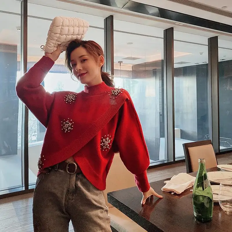 

2021 New Spring Autumn Cross Short Red High Collar Short Knitted Sweaters + Sleeveless Denim Vests Top Women Two Piece Sets