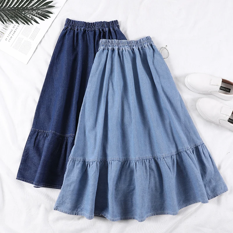 Summer Saia Female A-Line Long Denim Skirt Pockets Women High Waist Midi Jeans Skirts Dark Blue Light Plus Size | Женская одежда