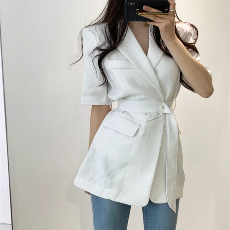 Женский свободный однотонный минималистичный офисный костюм жакет топы с поясом