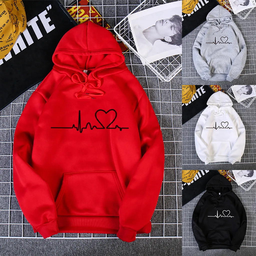 

Womens Tracksuits Hooded Sweatshirts Autumn Winter Solid Long Sleeve Heartbeat Print Hoodies Korean Style Pullover Tops A40