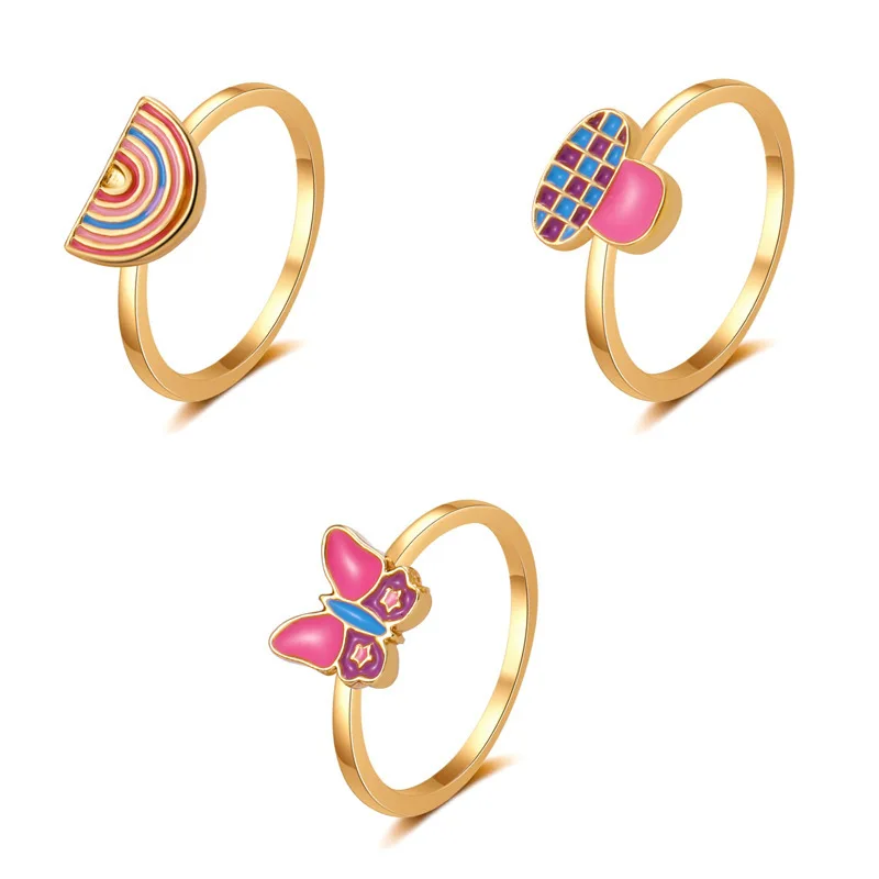

Cute mushrooms Gold Color Rings Colorful Rainbow butterfly Circle for Women Men Jewelry