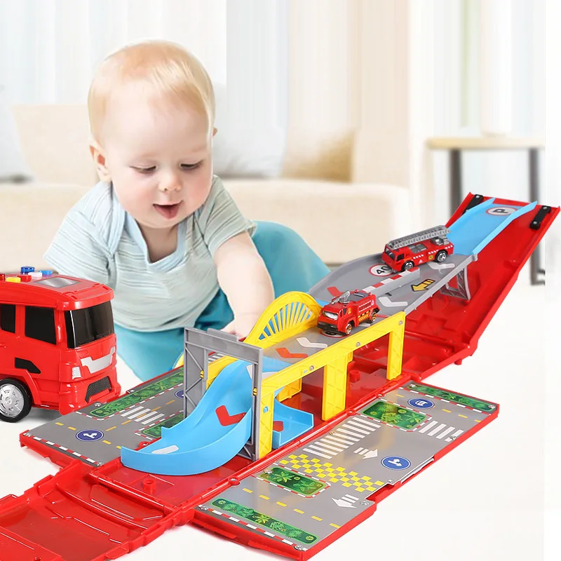 

Children's fire toy car model simulation puzzle deformation container truck light music story boy gift