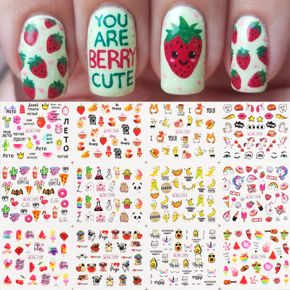 12 шт. наклейки для ногтей в виде клубники лимона фруктов абстрактное изображение