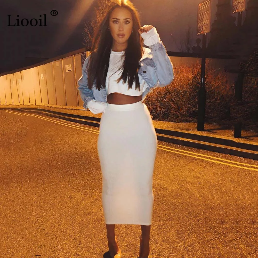 Белый 2 шт. трикотажный комплект короткий свитер Топ и Bodycon Юбка макси юбки для