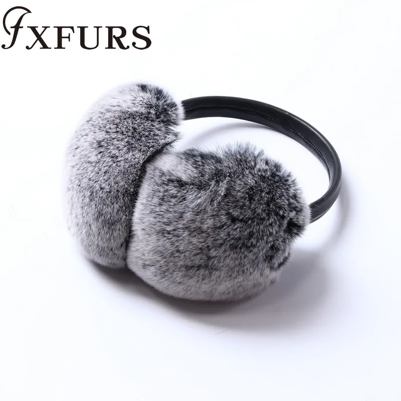 black frost FXFURS/ женские модные меховые наушники с кроликом Рекс, с кожаной полкой, зимние теплые меховые наушники для девочек, меховые наушники - Цвет: black frost