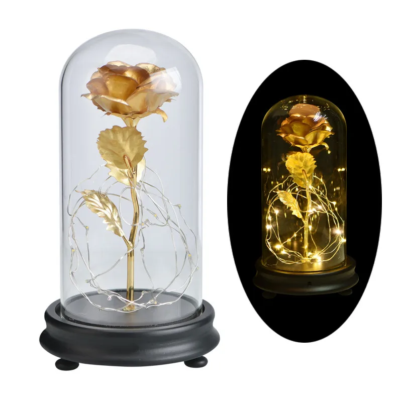 Gold Foil Rose Лидер продаж, красивая и чудовищная Роза из золотой фольги, светодиодный светильник, искусственные цветы в стеклянном куполе, вечерние украшения, подарок для девочек - Цвет: Gold Foil Rose