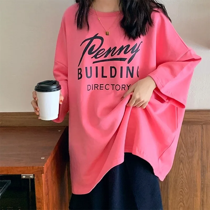 Gagarich Women Spring T-shirts New O Neck Three Quarter Sleeve Midi Long Femme Tops Korean Fashion Letter Print Loose T Shirt | Женская