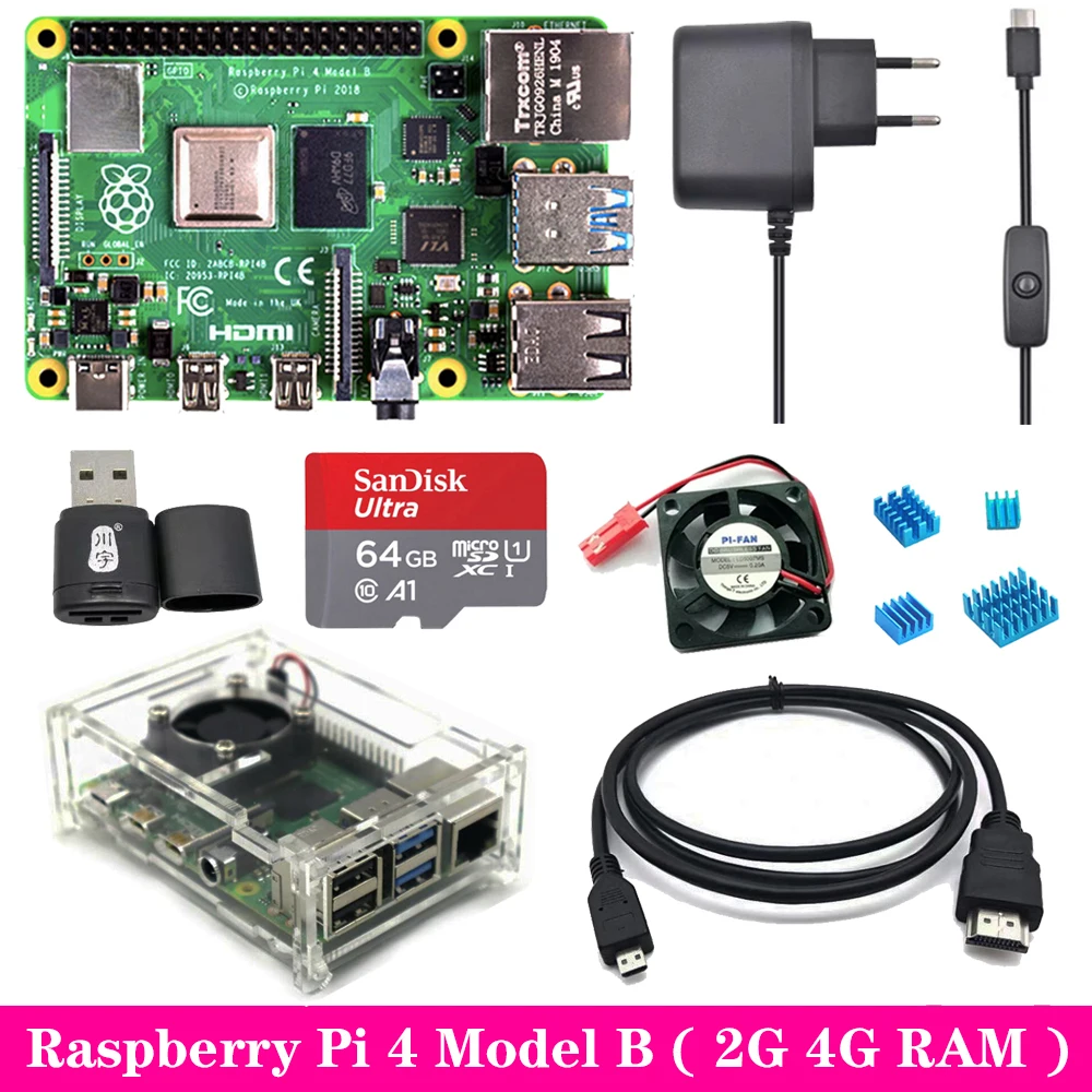 Raspberry Pi 4, 2 ГБ, 4 Гб ОЗУ, акриловый чехол, адаптер питания, алюминиевый радиатор для Raspberry Pi 4, Модель B, Pi4, 4B