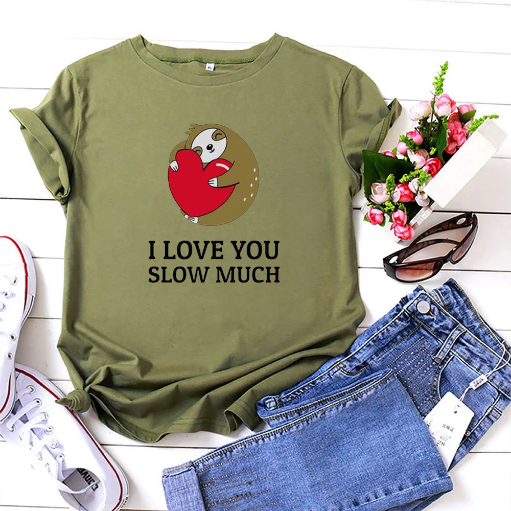 

I Love You Slow Much TShirt Woman O-neck Short Sleeve Tee Shirt Femme Vintage Loose Woman Tshirts Valentine's Day Confession
