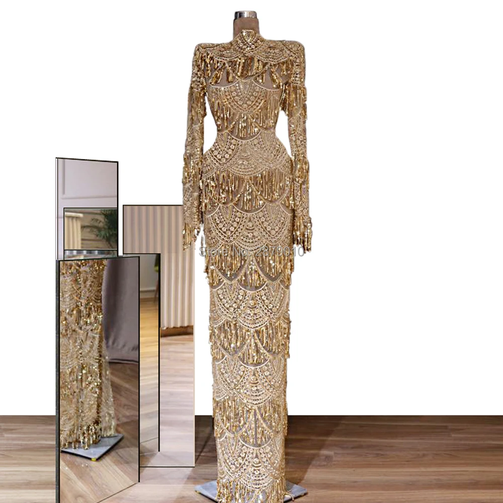 

Junoesque Gold High-Neck Evening Dresses Mermaid Prom Dress Long Sleeves Islamic Sequins Prom Party Dress Haute Couture Dubai