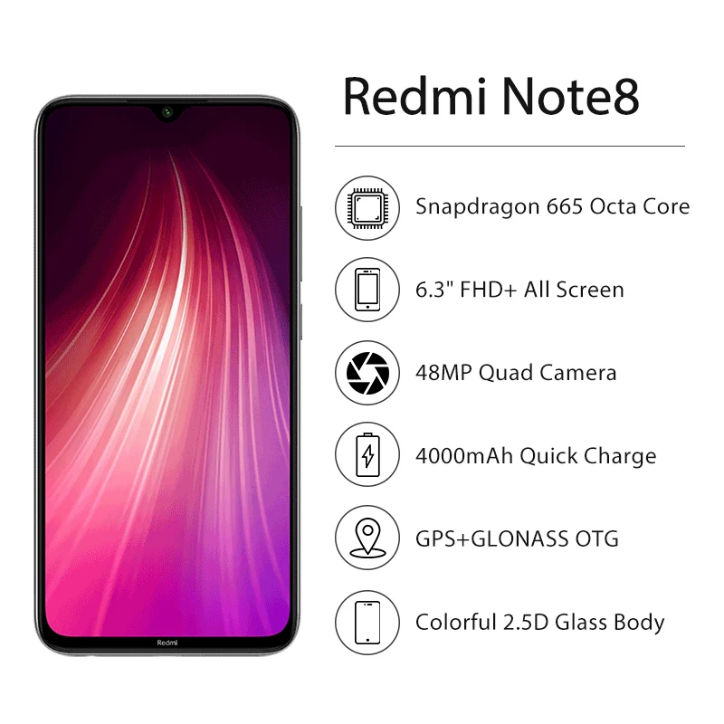 Xiaomi Redmi Note 8, 48MP, 4 камеры, 4 Гб ОЗУ, 64 ГБ, Смартфон Snapdragon 665, четыре ядра, экран FHD 6,3 дюйма, мобильный телефон с глобальной ПЗУ
