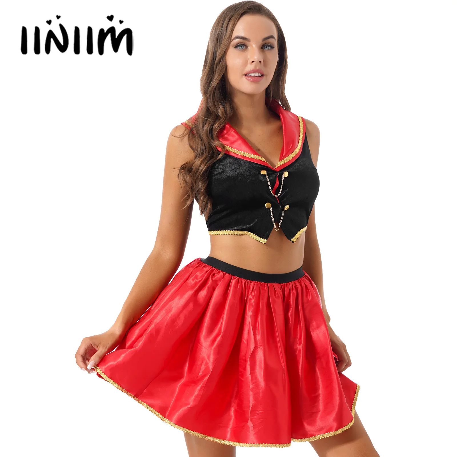 

Women Circus Performance Carnival Cosplay Costume Halloween Outfits Button Sleeveless Velvet Crop Top Waistcoat with Flare Skirt