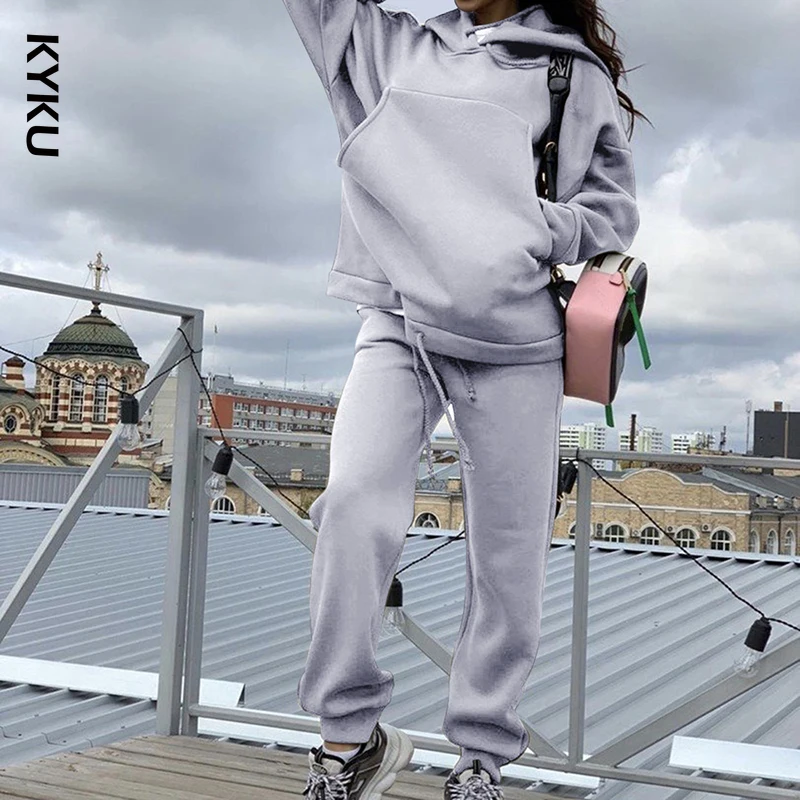 

Autumn Solid Casual Tracksuit Women Sports 2 Pieces Set 2020 fleece hooded Sweatshirts and pants Outfits oversized hoodies suit