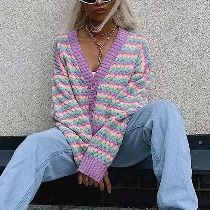 Женский кардиган с длинным рукавом фиолетовый Свободный Повседневный свитер