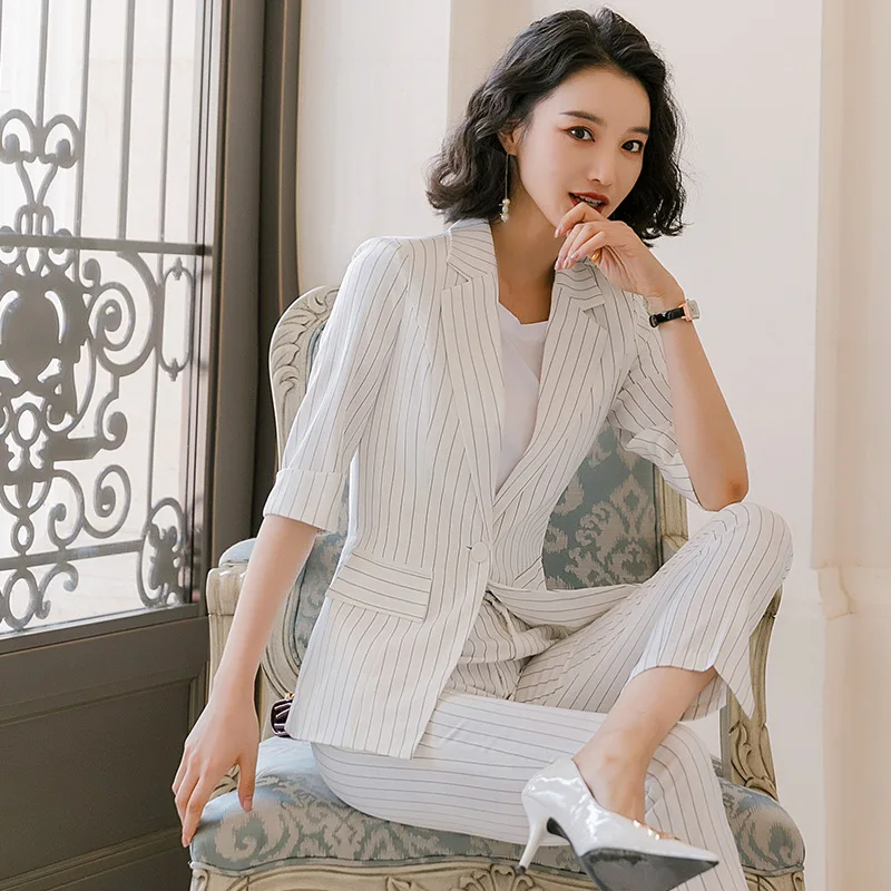 Новинка 2020 белый женский элегантный полосатый Женский костюм блейзер и брюки