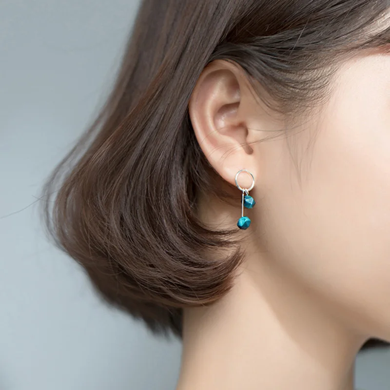 INZATT Real 925 Sterling Silver Geometric Blue Stone Stud Earrings For Fashion Women Party Fine Jewelry ins Hot Accessories | Украшения и