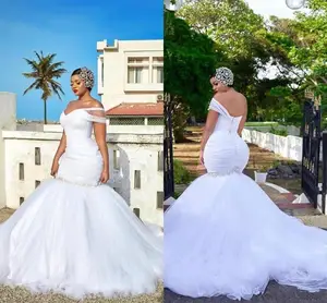 Plus Size Mermaid Wedding Dresses African One Shoulder Ruched Beaded Sexy Open Back With Button Sweep Train Bridal Gowns