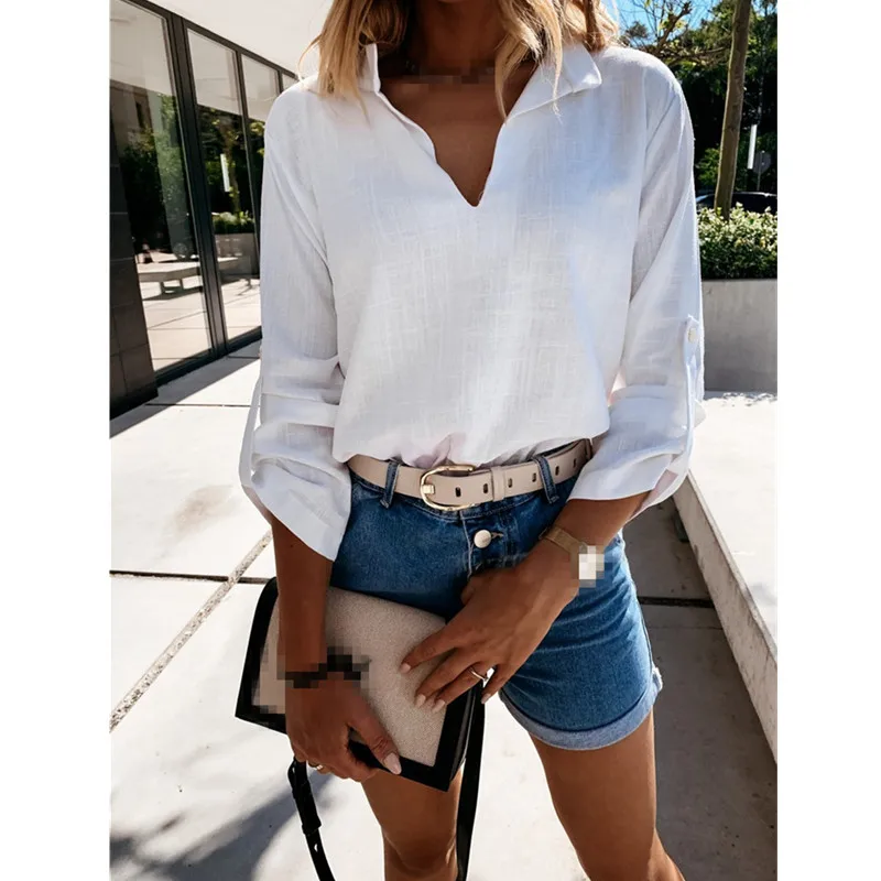 

Womens Tops and Blouses Elegant Cotton Linen Tunic New Fashion Women Top Sexy Blouse Chemise Oversize Boho Tops for Ladies White