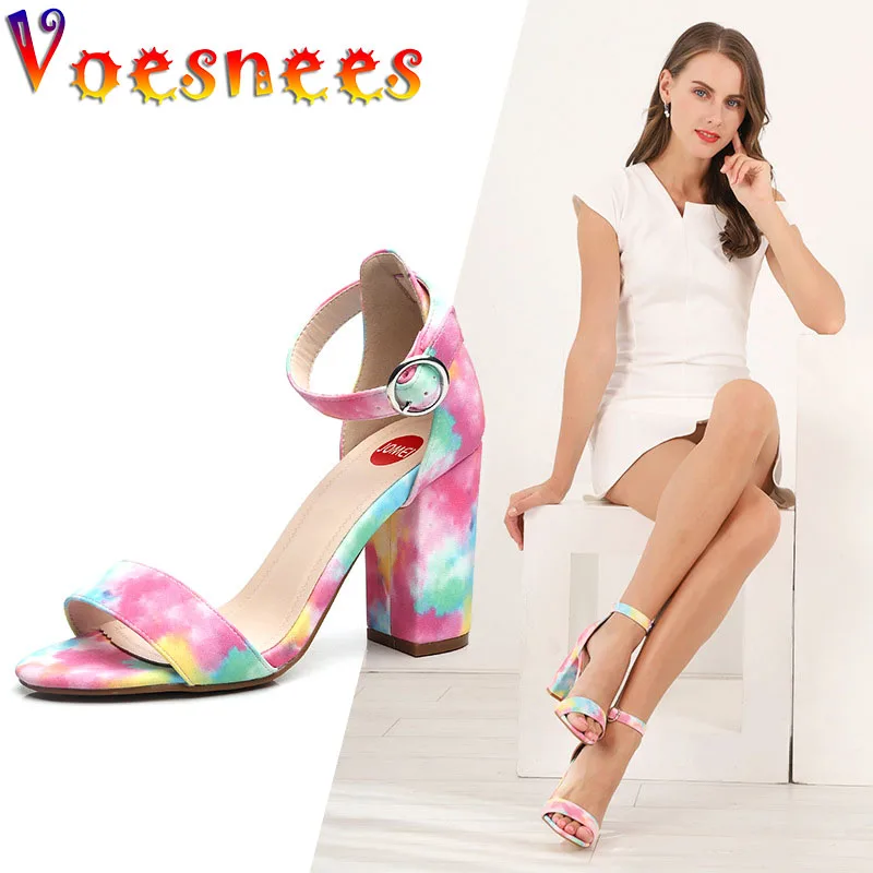 

Voesnees Women Sandals Tidal Current One Word Band Thick Heel Sandals Shoes Summer Fashionable And Colorful High Heels 2021 New