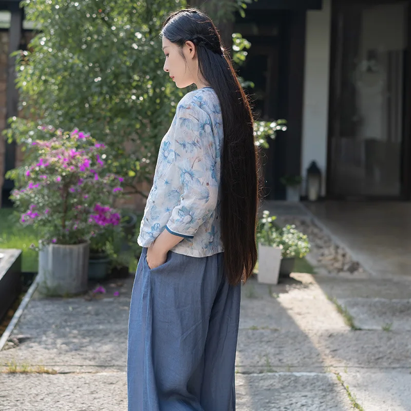 

Modern hanfu New Chinese traditional clothing Short tops Literary retro dress Elegant woman Linen tea Tribal style T-shirt